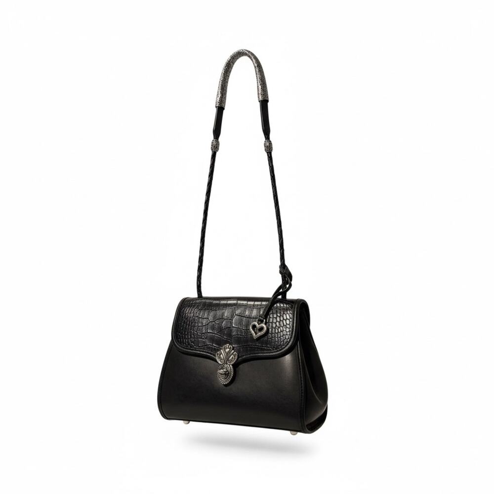Brighton Vintage Black Leather Crossbody Purse Croc Embossed Bag